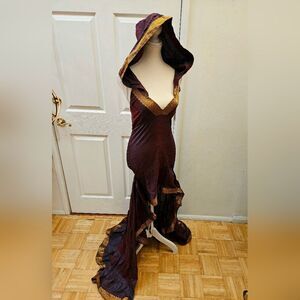 NORALINA Dolls Kill Purple Gold Sari Hooded High Low Festival Dress S/M